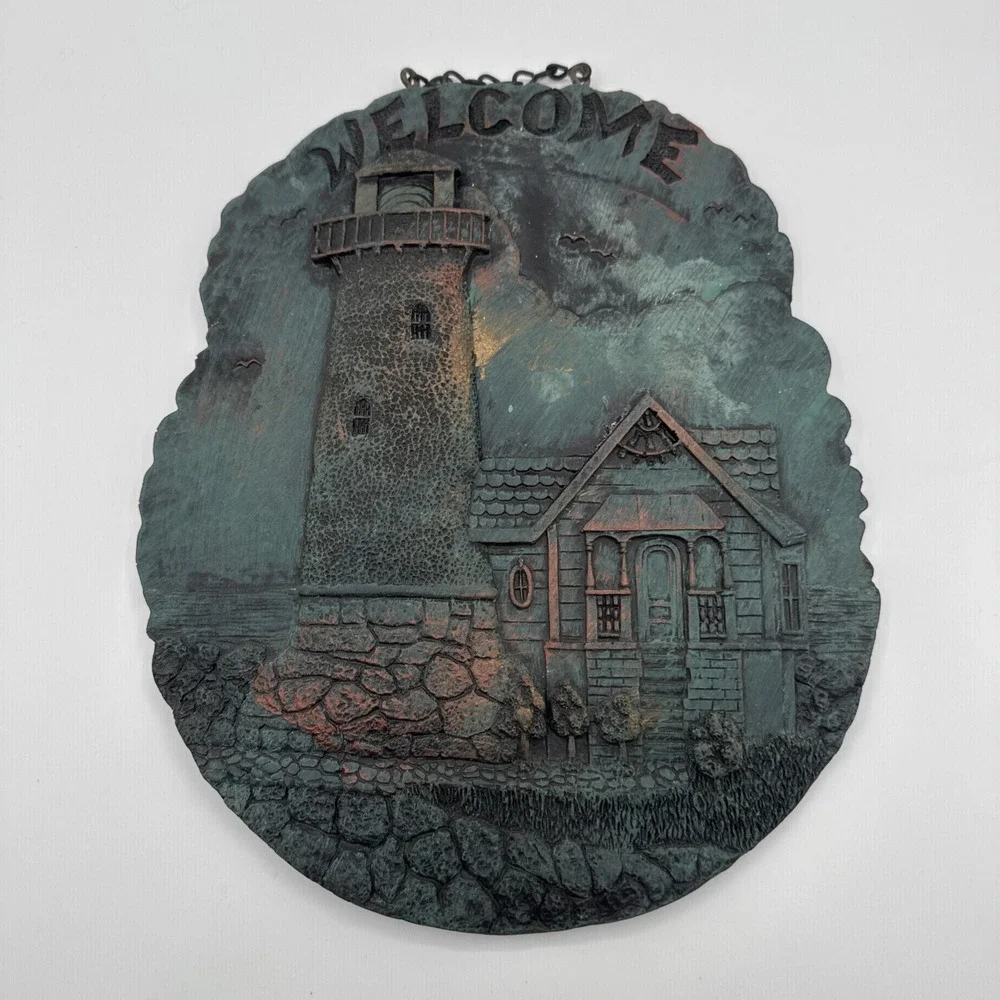 Vintage Welcome Lighthouse Wall Plaque Nautical Coastal Resin Verdigris Decor